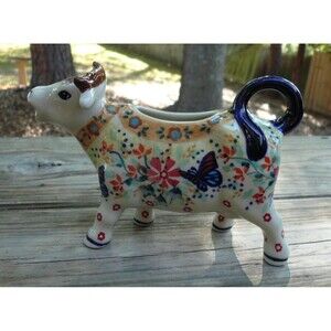 Blue Rose Polish Pottery Hand Painted Cow Creamer Butterfly & Floral